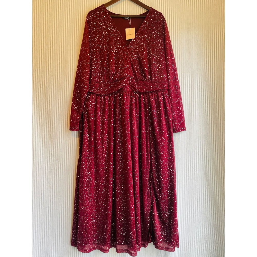 BloomChic Burgundy Glitter Splatter Wrap V-Neck Long Sleeve Maxi Dress New Tags